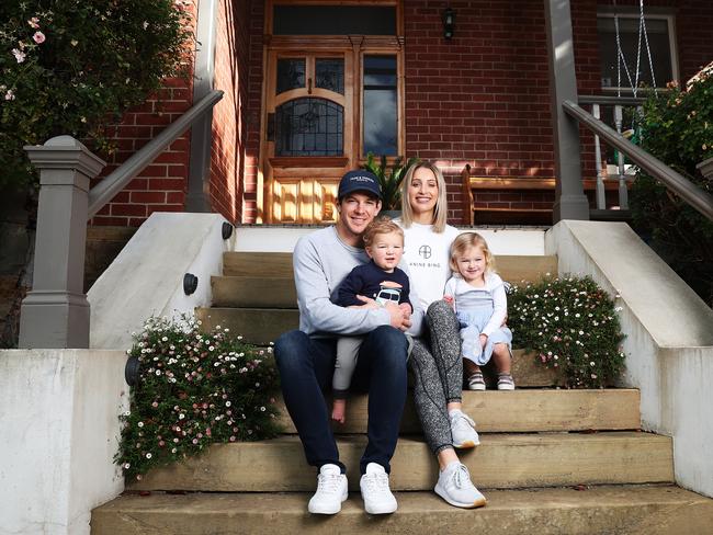 Tim Paine at home with wife Bonnie and kids Charlie and Milla. Picture: NIKKI DAVIS-JONES