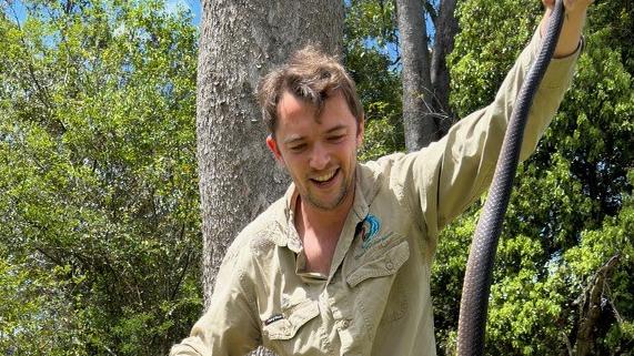 Noosa snake catcher Luke Huntley with an eastern brown snake at Eumundi. Picture: Snake Catcher Noosa