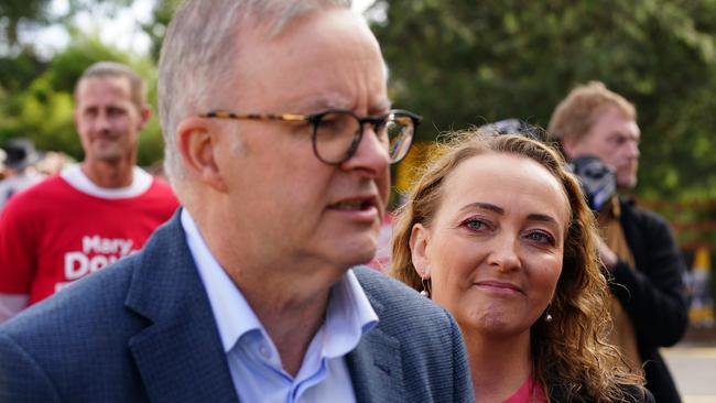 Prime Minister Anthony Albanese with the Labor candidate for Aston, Mary Doyle, during a visit to Bayswater Primary School polling booth.Picture: NCA NewsWire / Luis Ascui