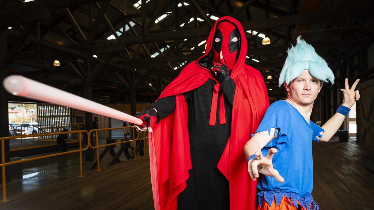 Matthew Tew (left) as Darth Deadpool and Jeremy Whitnall as Super Saiyan Blue at Comic-Geddon at The Goods Shed, Sunday, June 25, 2023. Picture: Kevin Farmer