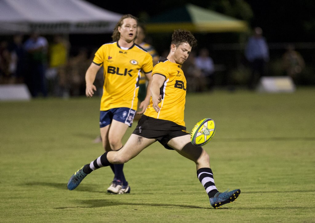 David West kicks for the Brahmans. Rugby Union, Cattleman's Cup, Darling Downs vs Central Qld Brahmans. Saturday, 3rd Mar, 2018. Picture: Nev Madsen