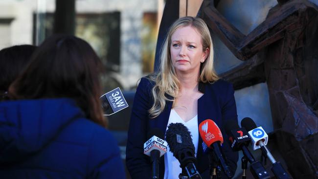 Swimming Australia CEO Leigh Russell fronts the press after revelations that Shayna Jack had tested positive to a banned substance. Picture: Aaron Francis/The Australian