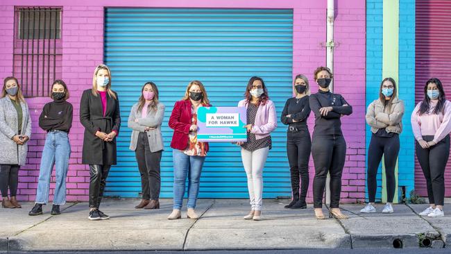 Stephanie Briese, Brianne Cooper, Sarah Carter, Rebekah Hogan, Natalie Hutchins, Deepti Alurkar, Katharine Nikolic, Julia Mason, Anya Rasic and Katerine Theodosis are demanding a female Labor candidate for Hawke. Picture: Tim Carrafa