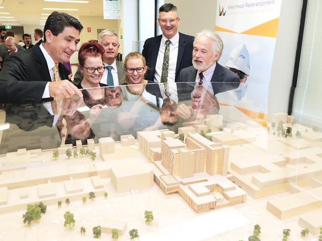 The model was unveiled on level 2 of the hospital. Pictured is Geoff Lee (Parramatta MP), Shantelle Morton (Reg nurse), Prof Chris Peck (University of Sydney), Elizabeth Wilson (Reg nurse), Mark Taylor (Seven Hills MP), Dr Michael Brydon (CE Children's hospital).