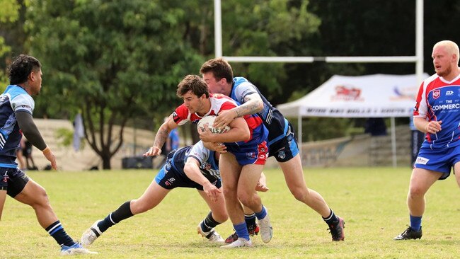 03/05/2023 - Action from the Plate Final at the 47th Battalion Carnival in Emerald between the Burnett Brahmans and the Central Highlands. Picture: Queensland Rugby League