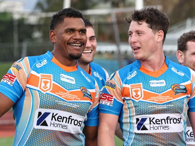 Terrence Casey-Douglas walks off the field at full time with pride team mates Evan Child (obscured), captain Kyle Schneider and Chris Ostwald after playing his 50th game for the Northern Pride in the Hostplus Cup Queensland Rugby League (QRL) match between the Northern Pride and the Sunshine Coast Falcons, held at Barlow Park, Cairns Picture: Brendan Radke