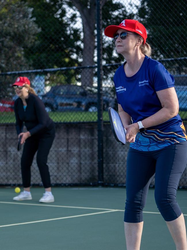 Former Premier Annastacia Palaszczuk and Yvette D'Ath play pickleball at the Redcliffe Tennis Centre, at an event organised by Health and Wellbeing Queensland. Picture: Facebook