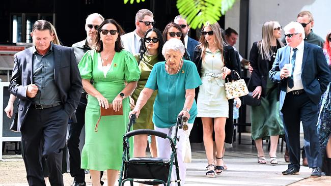 Many of Ms Wilkinson’s family were seen entering court wearing sunflower-themed earrings and pins as a tribute to Ms Wilkinson. Picture: NCA NewsWire / John Gass