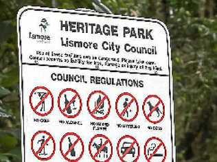 An erroneously dated ‘no alcohol’ sign in a Lismore park. . Picture: Blainey Woodham