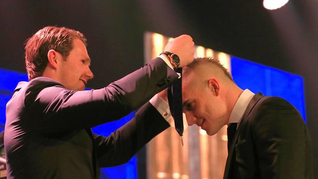 Dustin Martin accepts the AFL 2017 Brownlow Medal at Crown Palladium. Picture: Mark Stewart