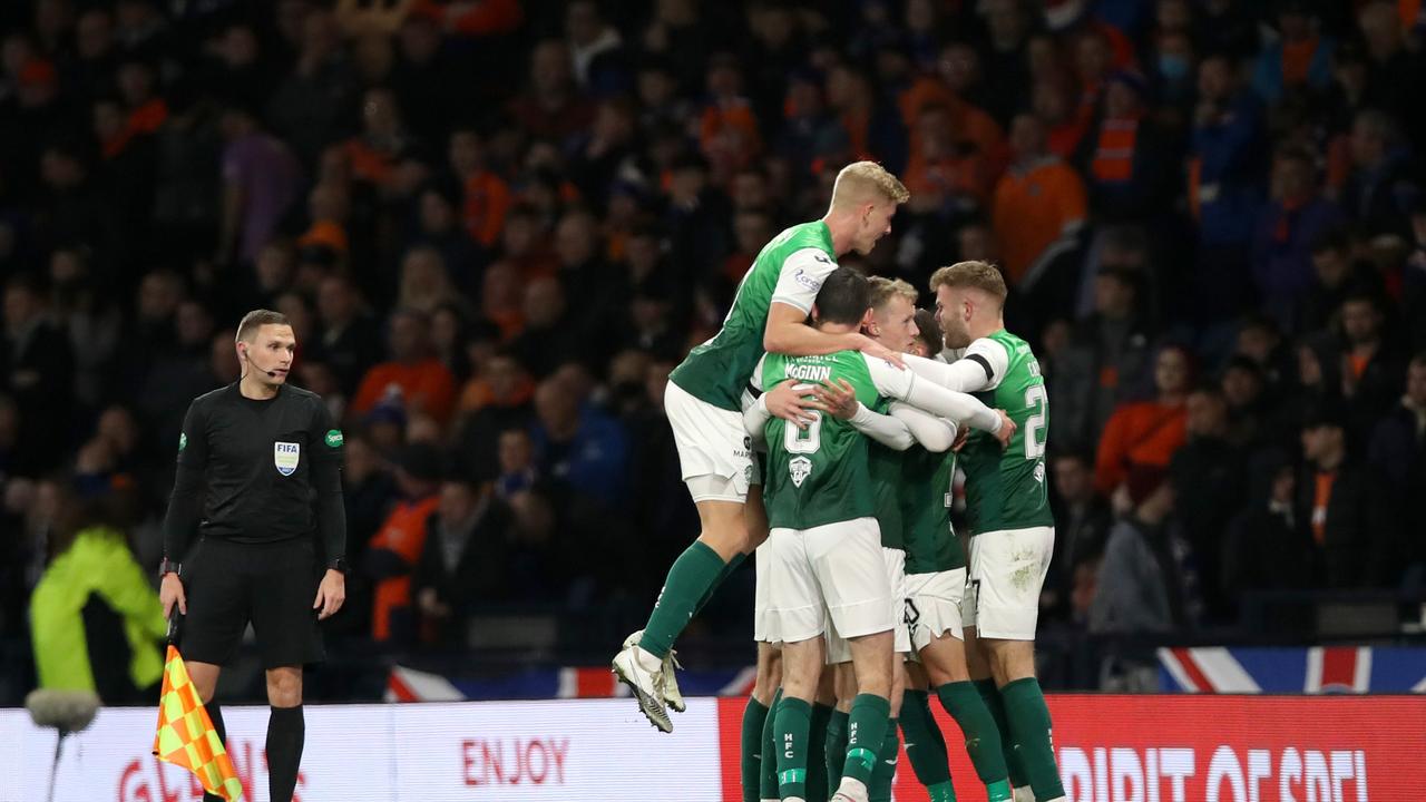 Martin Boyle is surrounded by his Hibernian teammates after scoring against Rangers. Picture: Ian MacNicol/Getty Images