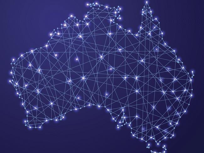 Map of Australia from polygonal blue lines and glowing stars vector illustration