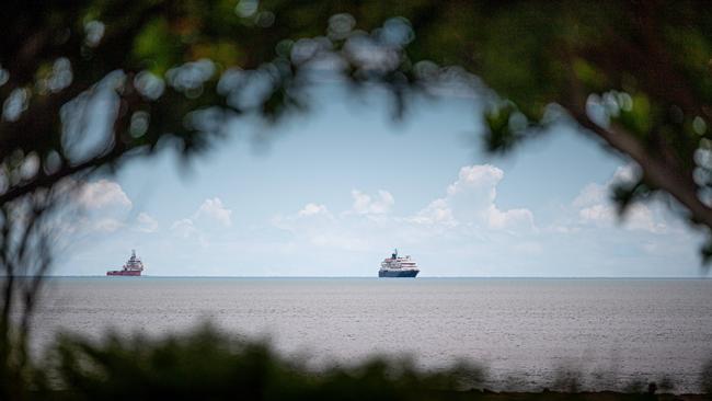 The MS <i>Caledonian Sky</i> cruise ship was visible in Darwin Harbour several kilometres off the coast from East Point on Friday Picture: Che Chorley