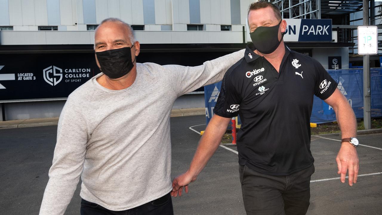 Michael Voss outside Ikon Park with Carlton legend and now football director Greg Williams. Picture: Tony Gough