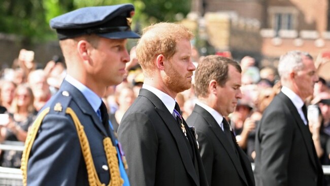 Prince Harry and Prince William joined other members of the royal family for dinner after meeting their grandmother's coffin as it arrived from Scotland on Tuesday night. Picture: Karwai Tang/WireImage.