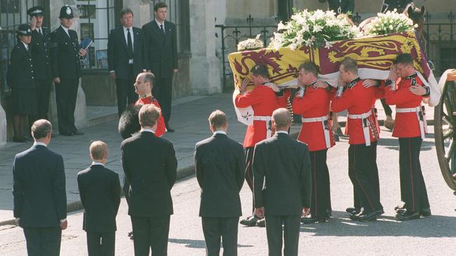 Prince Charles, Prince Harry, Earl Spencer, the Duke of Edinburgh and Prince William, watch as the coffin of the Princess of Wales is carried into Westminster Abbey. Picture: Joel Robine/AFP