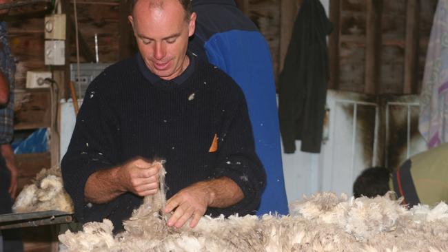 Giffard West wool producer Steve Harrison helps skirt the fleeces.