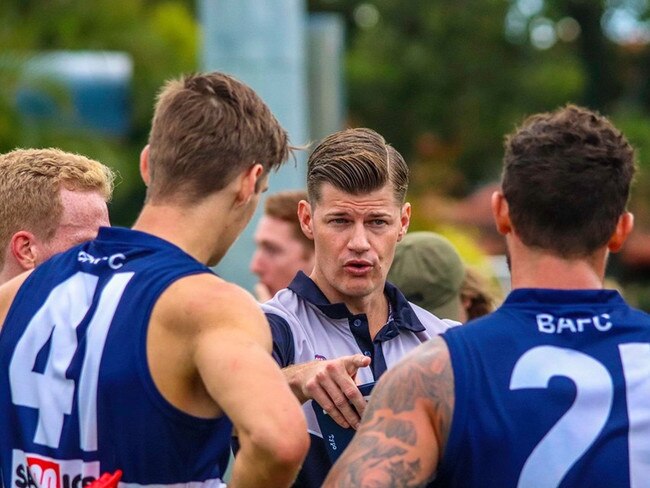 Broadbeach Cats QAFL coach Beau Zorko addresses the players. Picture credit: Travis Johnson.