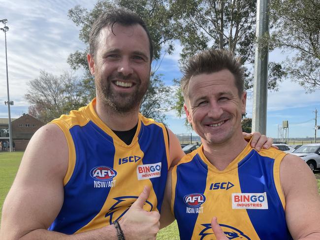 Steve O'Connor (left) and Tim Physick of the East Coast Eagles in the Men's Division 5 grand final. Picture: Contributed