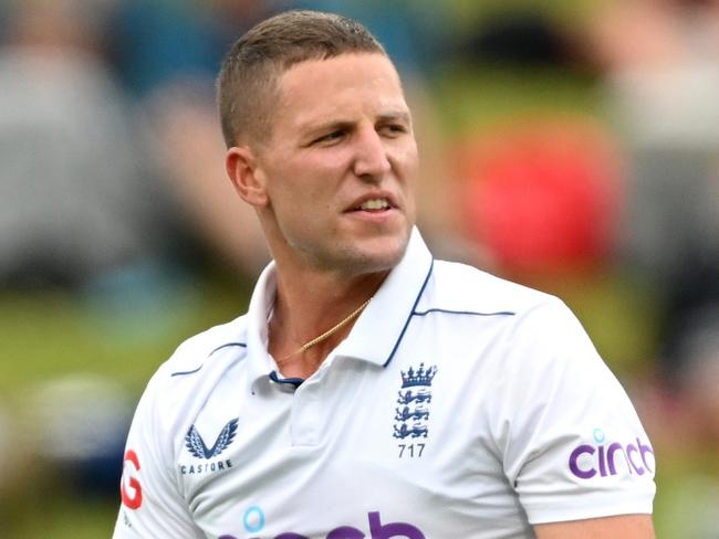 HAMILTON, NEW ZEALAND - DECEMBER 16: Brydon Carse of England looks on during day three of the Third Test Match in the series between New Zealand and England at Seddon Park on December 16, 2024 in Hamilton, New Zealand. (Photo by Hannah Peters/Getty Images)