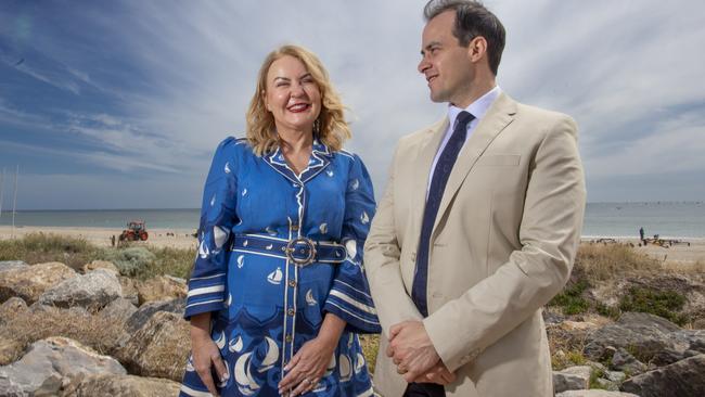 City of Holdfast mayor Amanda Wilson is the Liberal candidate for seat of Black, pictured with Liberal Leader Vincent Tarzia at the Brighton and Seacliff Yacht Club. Picture: Brett Hartwig