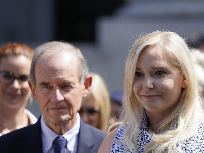 Virginia Roberts Giuffre, an alleged victim of Jeffrey Epstein, outside court with her lawyer and other accusers in 2019. Picture: Getty Images