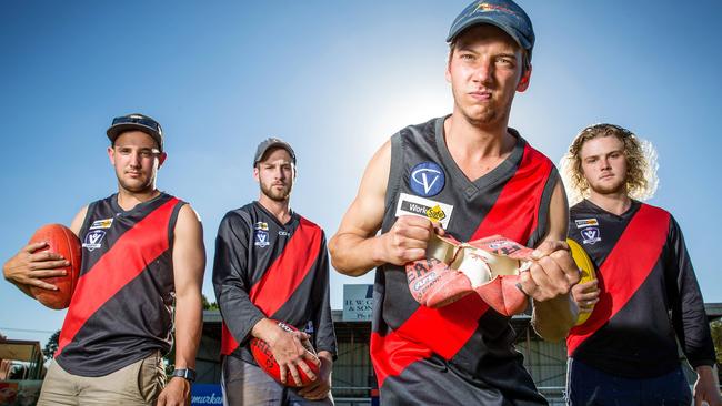 Waaia Bombers players Ryan Sprout, 23, Bill Brown, 22, Ryan Trimby, 22, and Jesse Trower, 18. The Bombers are part of the Picola District Football Netball League that will go it alone in 2018. Picture: Mark Stewart