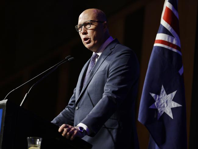 SYDNEY, AUSTRALIA - NewsWire photos NOVEMBER 25, 2023: The Hon Peter Dutton MP, Leader of the Opposition and Parliamentary Leader of the Liberal Party speaks during the Liberal State Convention at the Fullerton Hotel in Sydney. Picture: NCA NewsWire / Dylan Coker