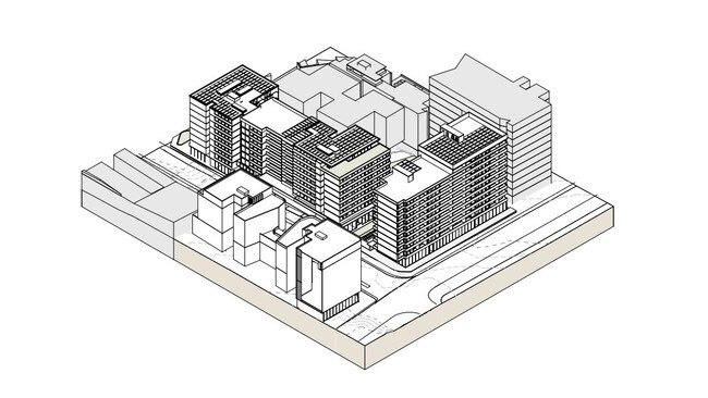 A 3D concept model of the two affordable housing apartment complexes. Picture: SJB Architects