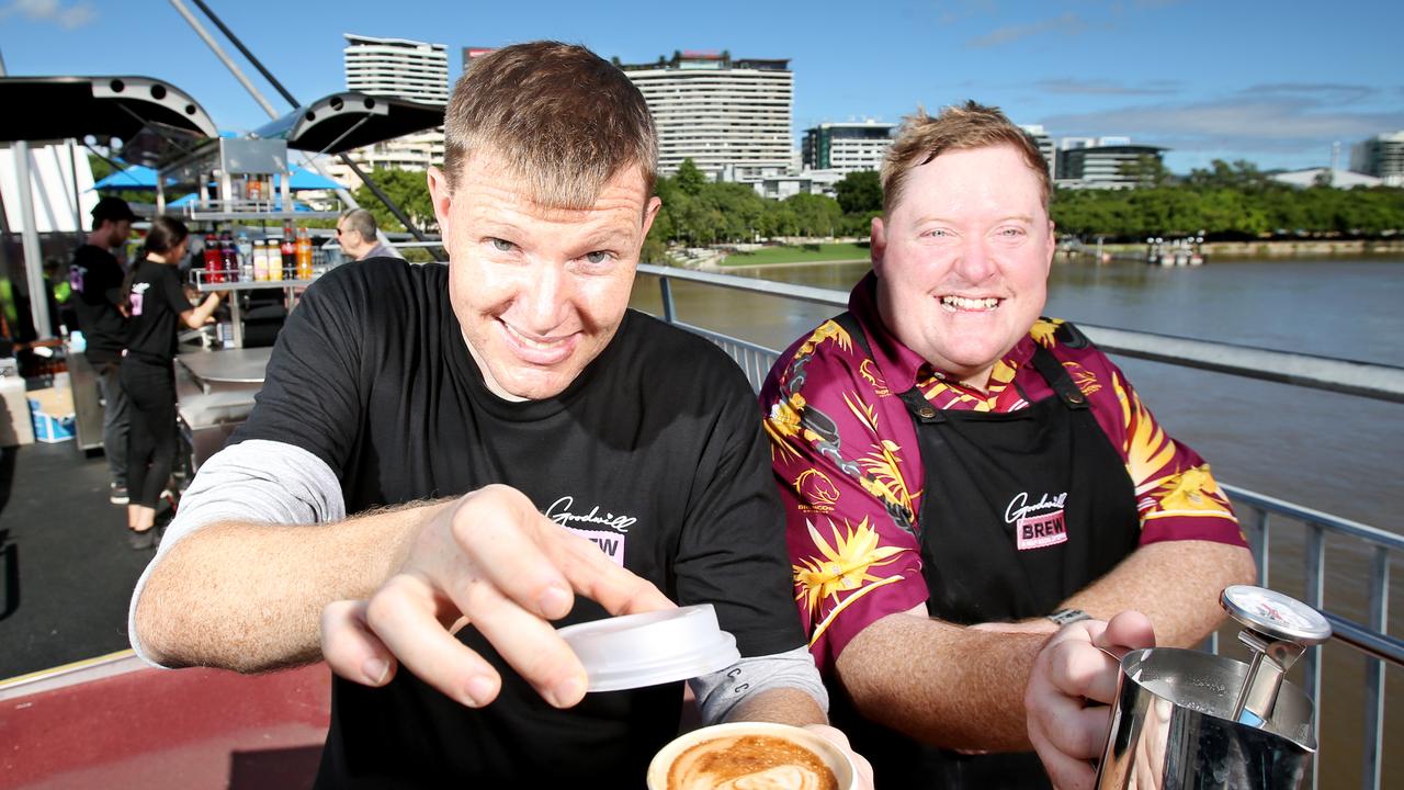 Supported employees Matthew Griffioen and Jay Nardi at the Goodwill Bridge’s new coffee cart, providing employment to people with disabilities. Photo: Steve Pohlner