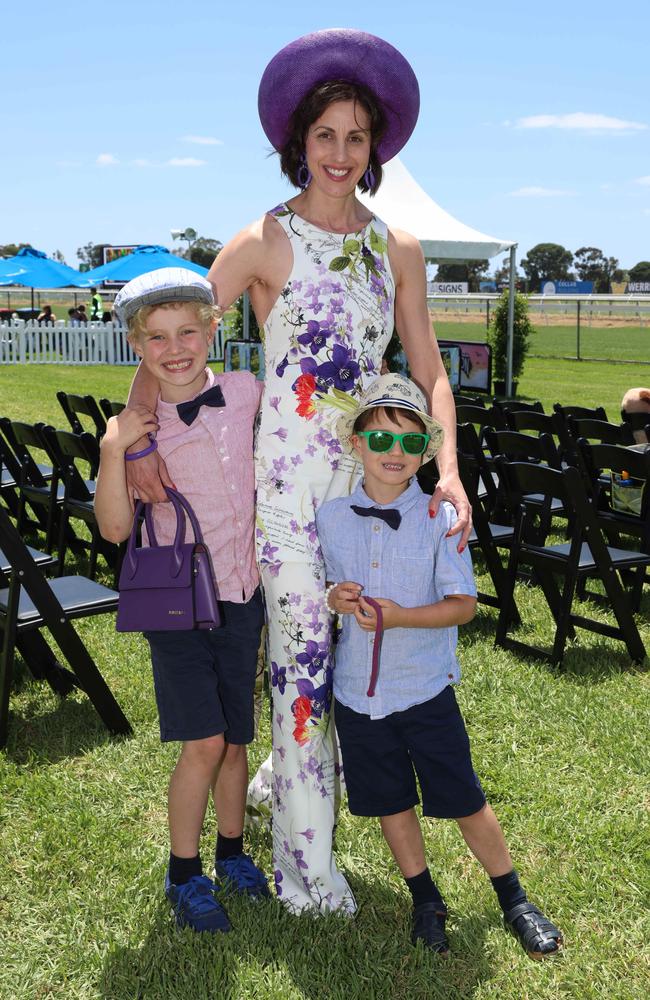 MELBOURNE, AUSTRALIA – DECEMBER 8 2024 Cass, Arthur, and Henry Pisarskis attend the Werribee Cup in Werribee on December 8th, 2024. Picture: Brendan Beckett