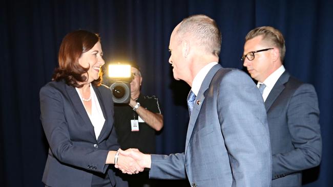 Opposition leader Annastacia Palasczcuk shakes the hand of Queensland Premier Campbell Newman at The Leaders’ Debate.