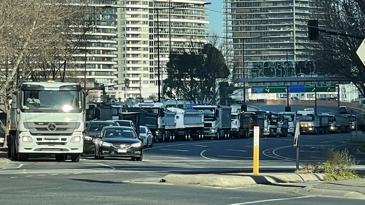 West Gate Bridge delays Tip truck protest causes traffic across