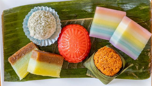 Little Borneo's Malaysian heritage desserts which are mainly made from pandan, rice flours, coconut and Tapioca. Whether steamed, baked, fried or boiled, most of them are gluten-free and vegan. Picture: Supplied