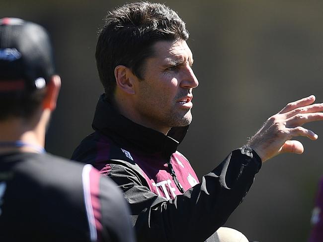 Manly Sea Eagles coach Trent Barrett gestures during a team training session at Narrabeen in Sydney, Wednesday, August 30, 2017. (AAP Image/Dan Himbrechts) NO ARCHIVING