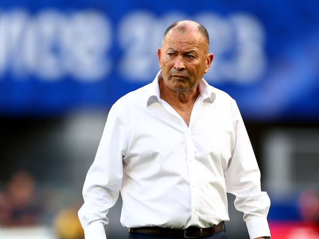 SAINT-ETIENNE, FRANCE - OCTOBER 01: Eddie Jones, Head Coach of Australia, looks on during the warm up prior to the Rugby World Cup France 2023 match between Australia and Portugal at Stade Geoffroy-Guichard on October 01, 2023 in Saint-Etienne, France. (Photo by Chris Hyde/Getty Images)