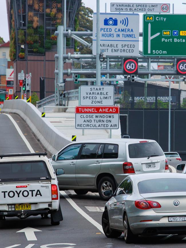 A car causing havoc by reversing at the entrance to the Victoria Road A40 tunnel of the new Rozelle Interchange, near the Iron Cove Bridge. Picture: Justin Lloyd.