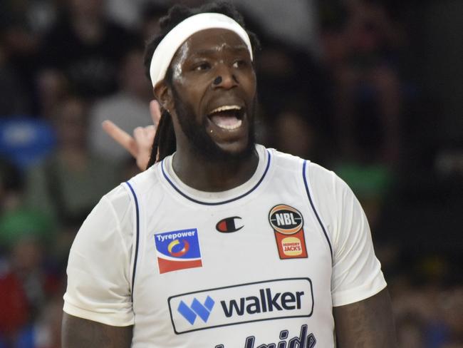 HOBART, AUSTRALIA - JANUARY 10: Montrezl Harrell of the 36ers reacts to a foul call during the round 16 NBL match between Tasmania Jackjumpers and Adelaide 36ers at MyState Bank Arena, on January 10, 2025, in Hobart, Australia. (Photo by Simon Sturzaker/Getty Images)