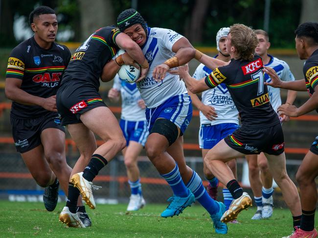 David Leota is met by the Penrith defence. Picture: Thomas Lisson