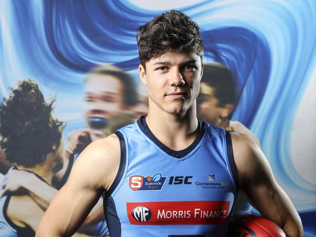 SANFL - Sturt Footballer Tom Lewis went through the pain of missing out at the 2018 AFL draft and then tearing his ACL at the pre-season training and missing the entire 2019 season. He returned and won the Sturt's first time trial. Tom at the Sturt Headquarters in Unley. Picture SARAH REED