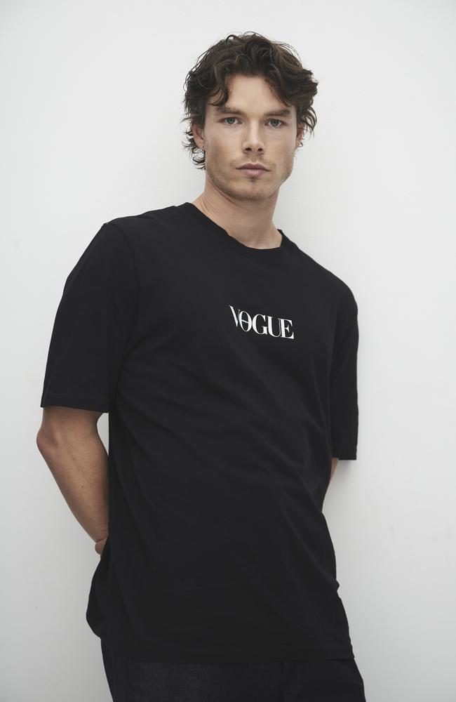 Actor Sam Corlett in the Vogue x Bassike T-shirt. Picture: Rob Tennent