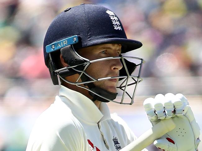 PERTH, AUSTRALIA - DECEMBER 14:  Joe Root of England looks dejected after being dismissed by Pat Cummins of Australia during day one of the Third Test match of the 2017/18 Ashes Series between Australia and England at WACA on December 14, 2017 in Perth, Australia.  (Photo by Ryan Pierse/Getty Images)