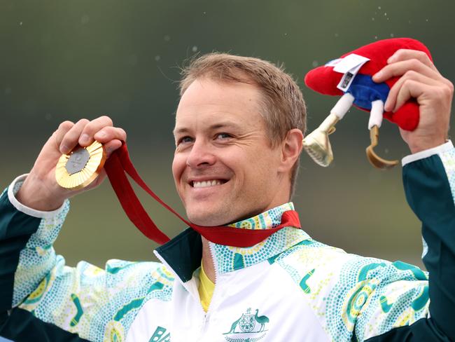 Curtis Mcgrath celebrates gold during the Para Canoe - Men's Kayak Single 200m - KL2 medal ceremony. Picture: Steph Chambers/Getty Images