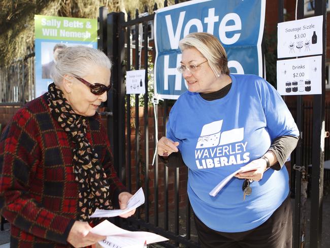 Waverley Mayor Sally Betts waits talks to voters at Rose Bay Secondary College.