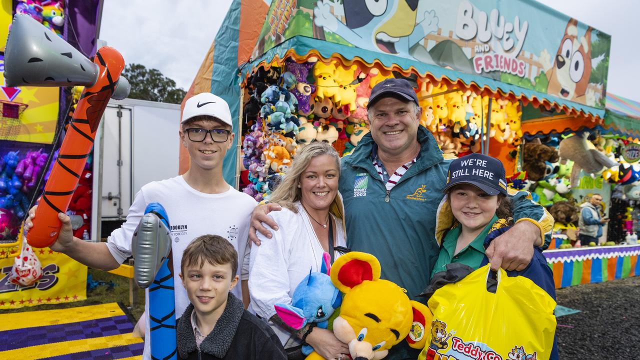 Winning at sideshow alley are (from left) Blake, Reese, Sandy, Justin and Ruby Anlezark at the 2022 Toowoomba Royal Show, Saturday, March 26, 2022. Picture: Kevin Farmer