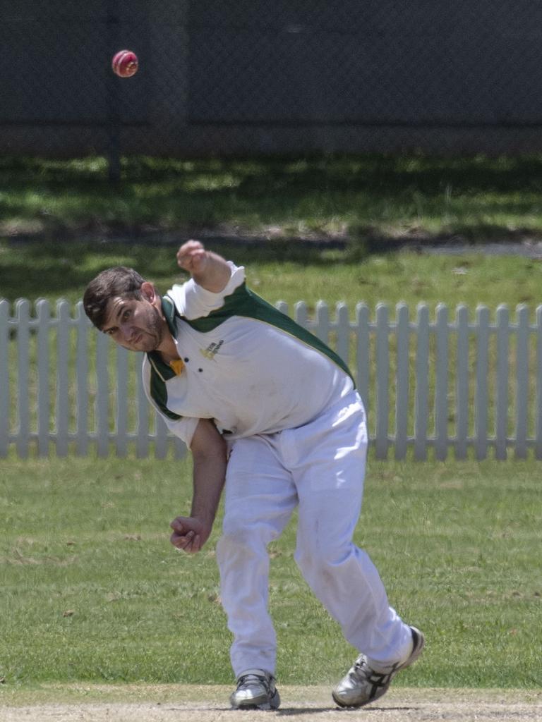 Codey Wegner bowls for Lockyer. Mitchell Shield, Toowoomba vs Lockyer. Sunday, January 23, 2022. Picture: Nev Madsen.