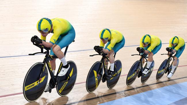 Australia’s men’s pursuit team became the first to break the 3:50 barrier. Picture: AAP Image/Dan Peled