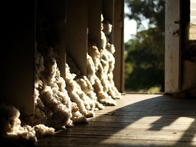 Classed wool waits to be pressed during spring shearing at Cherry Hill Pastoral Company property in Uralla.