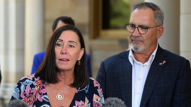 Sue and Lloyd Clarke, parents of murdered woman Hannah Clarke, speak in Parliament House after the passing of a coercive control legislation.