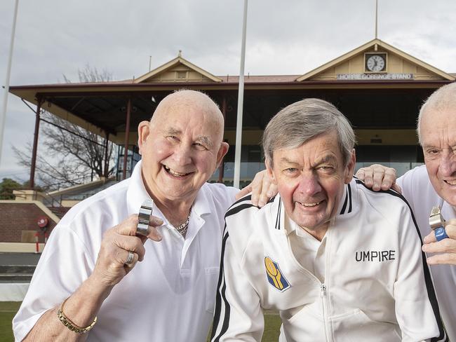 Umpires Blast From The Past, Les Manson, Haydyn Nielsen and Biddy Badenach at North Hobart Oval. Picture: Chris Kidd